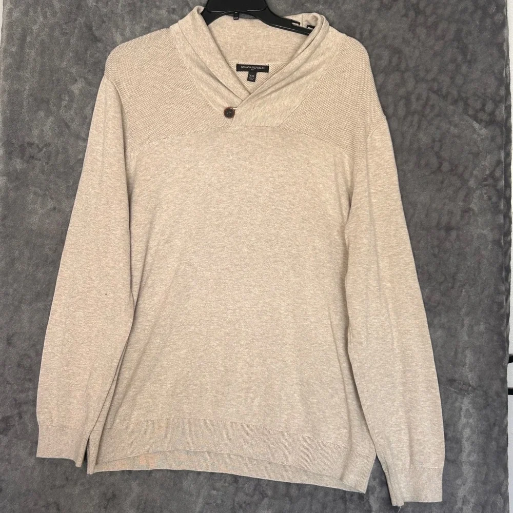 Banana Republic Mens XXL Beige Cotton Shawl Collar Button Sweater Textured Yoke